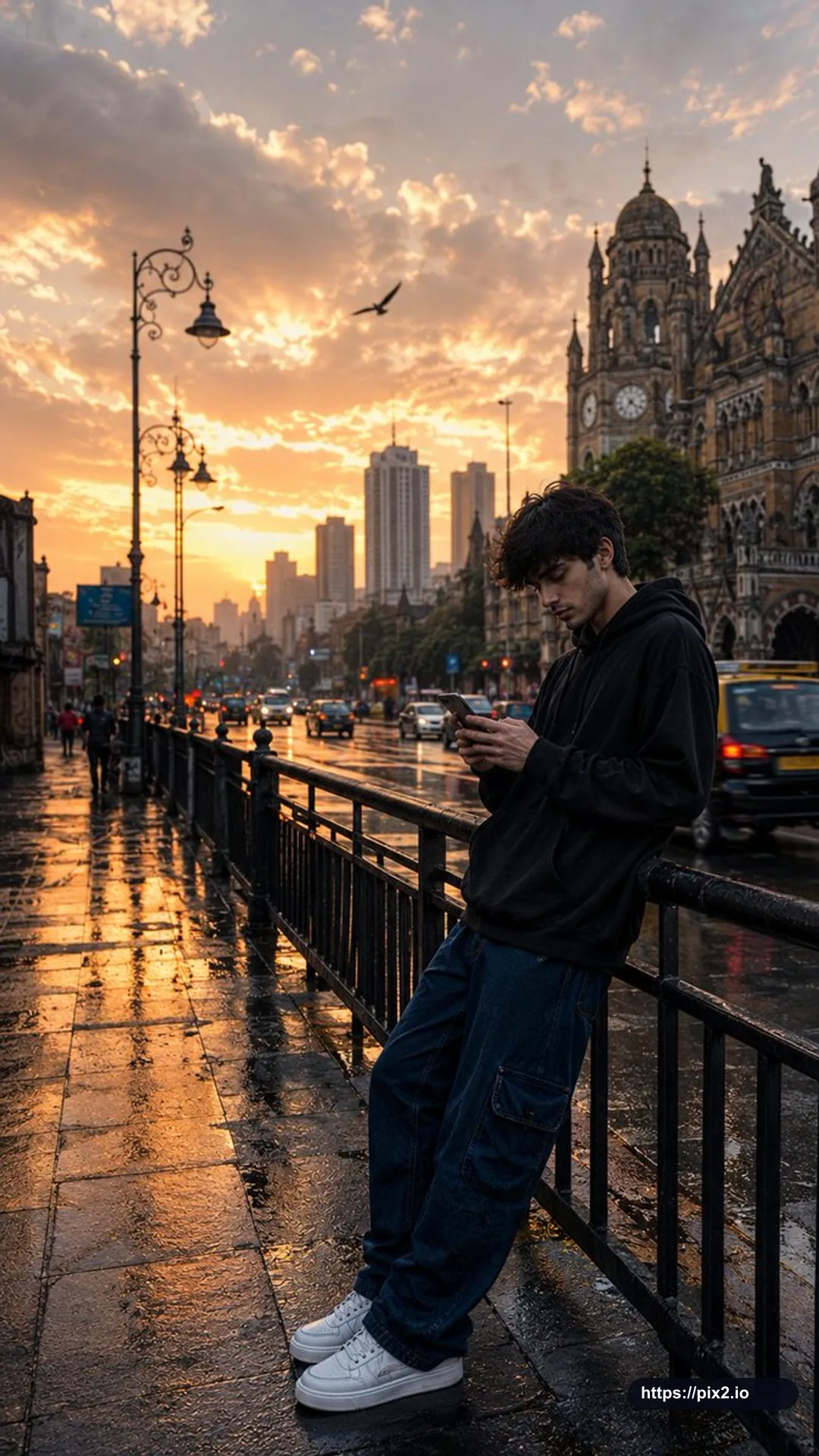 雨の通りのゴールデンポートレート